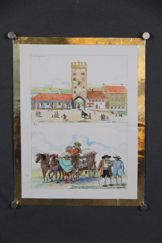 Steel engraving colored Munich Schwabinger Gate city wall around 1850 architecture
