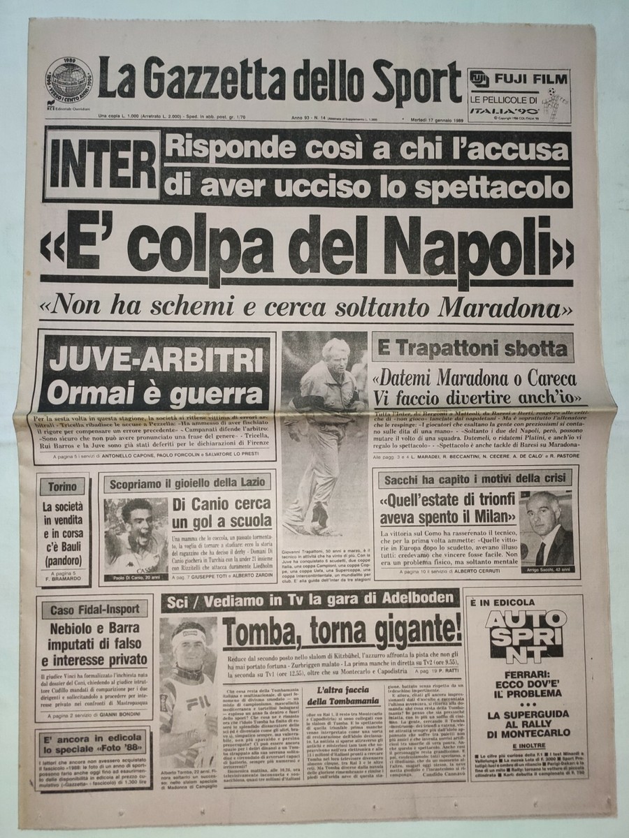 Gazzetta Dello Sport 15 Janvier 1989 – Sabrina Salerno, Juventus, Maradona, Ferrari
