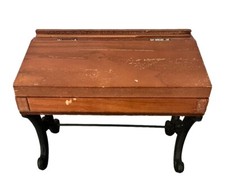 Vintage Hinged Solid Wood School Desk Keepsake Box Ornate Cast Iron Legs Decor