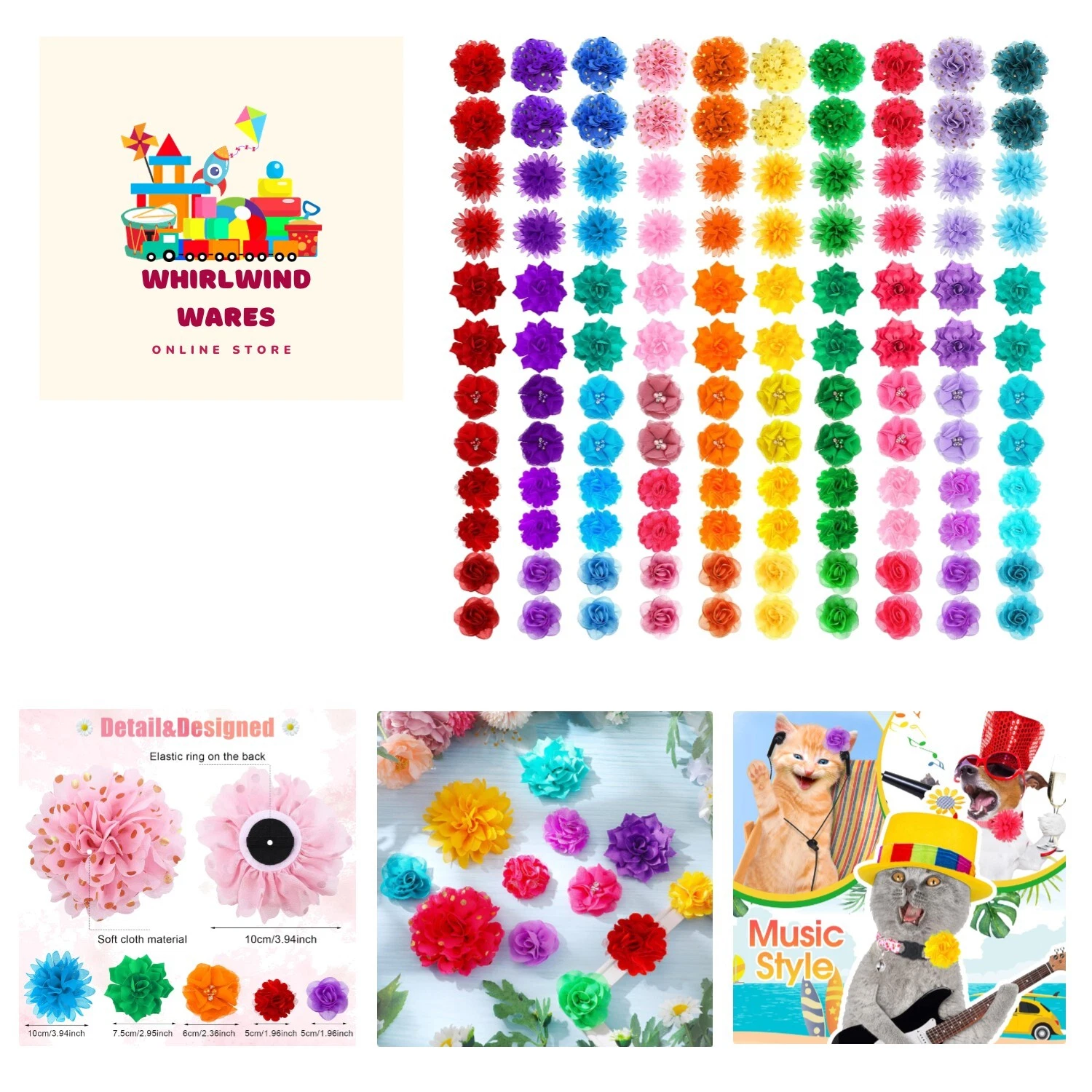 120 Pcs Dog Flower Bow Collar Grooming Multi Color Dog Charms Flowers Set Pet...