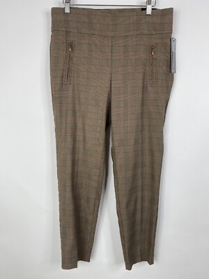 Soho Apparel Ltd Pants Womens L Brown Plaid Ankle Length Zippered Pockets NWT