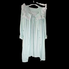 Grannycore Green Shadowline Matching Gown Robe Set Lace Lingerie Nylon Silky