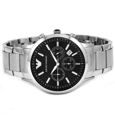NEU EMPORIO ARMANI HERRENUHR SILBERTON ARMBAND & SCHWARZES ZIFFERBLATT AR2434 AUTHENTISCH
