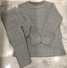 Women Gray Ribbed Tracksuit Loungewear Long Sleeve T-Shirt Pants Set Sz - XL