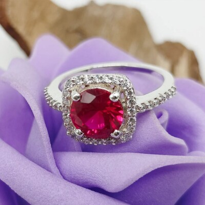 2.20Ct Round Cut Simulated Pink Ruby Halo Wedding Ring In 14K White Gold Plated