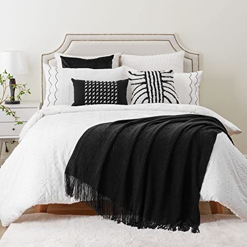 Black Throw Blanket with Fringe Bed Throws for Home Decor Decorative