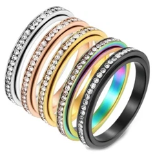 Clear Cubic Zirconia Rotating Finger Ring Titanium Steel Eternity Spinner R10