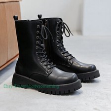Men's Black Platform Riding Boots Lace Up Zipper High Top Motorcycle Ankle Boots