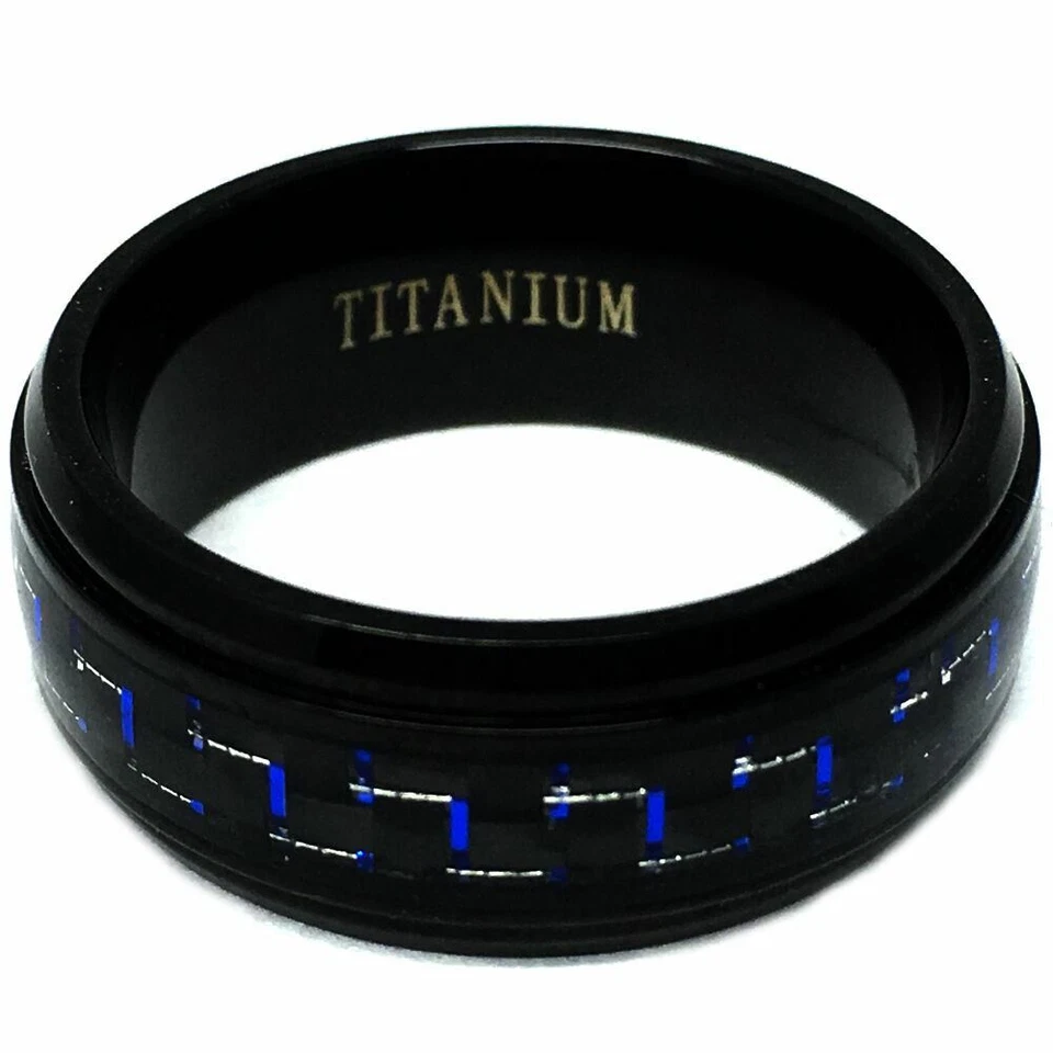Обручальное кольцо 8 мм мужское или женское титановое черное с синим углеродным волокном  - Изображение 2 из 3