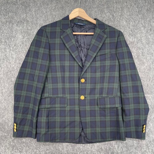 Brooks Brothers Blazer Womens 14 Green Plaid Wool Gold Crest Buttons Jacket Coat