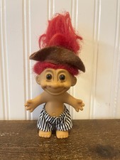VTG Russ Troll Doll 5 With Blue Striped Swim Trunks With Red Hair Farmer Hat