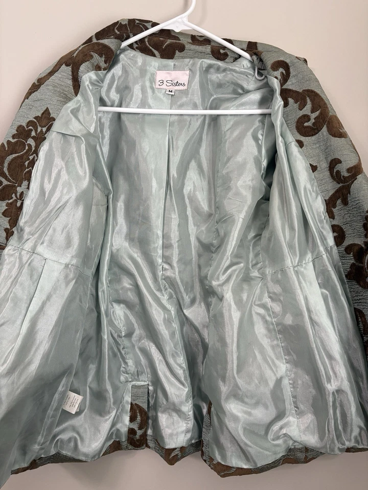 Blazer Chaqueta Damasco Vintage 3 Hermanas Azul Marrón Paisley Artístico Talla Mediana Foto 3 de 4