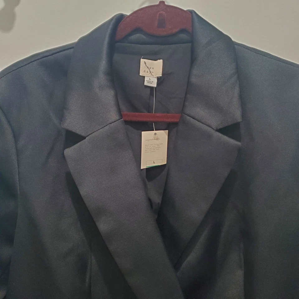 NUEVO CON ETIQUETAS A New Day Chaqueta Esmoquin Negra Satinada De Gran Tamaño Doble Pecho Talla L Foto 2 de 4