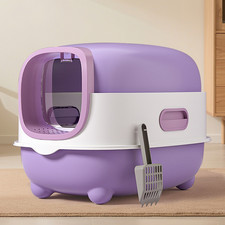 Fully Enclosed Stainless Steel Cat Litter Box Hooded Easy Clean Odor Purple