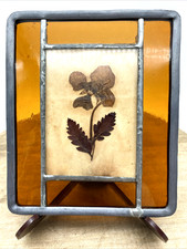 Vintage Stained Glass Pressed Flower Leaded Hanging Sun Catcher 5.5 x 4.5