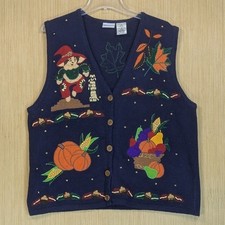 Bobbie Brooks Navy Blue Fall Harvest Knit Vest Women's XL Scarecrow Pumpkin Vtg