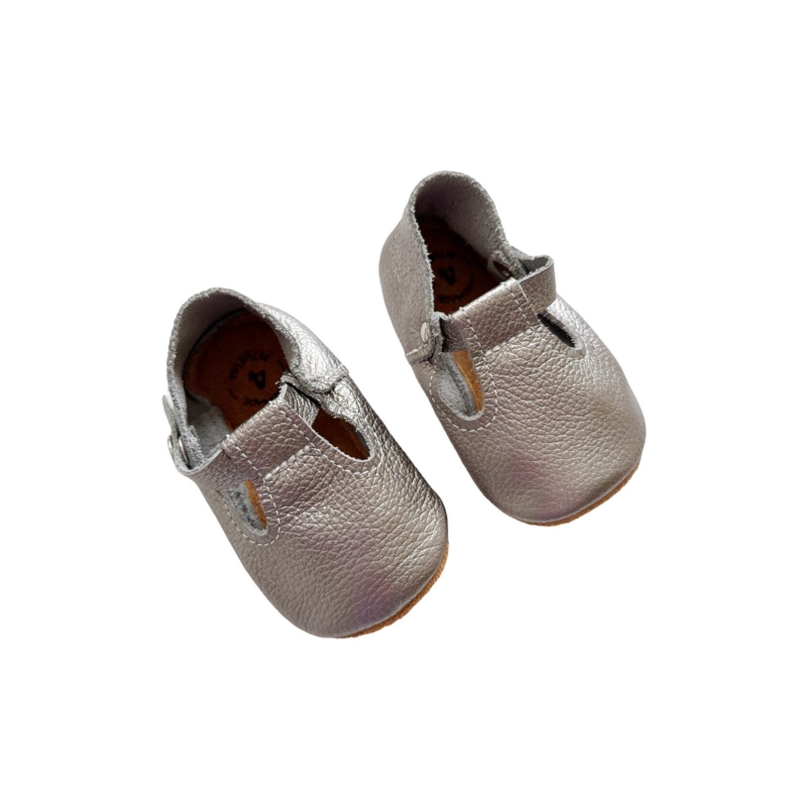 SAOLA Scarpe Mon Petit nuove senza etichette cromate metallizzate con cinturino a T suola morbida taglia 4 (9 12 m)