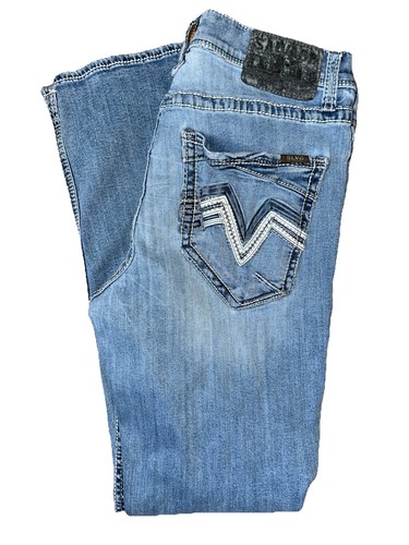 Salvage Jeans Herren 34x32 blau Mayhem gerade Schnalle Schnalle distressed helle Waschung