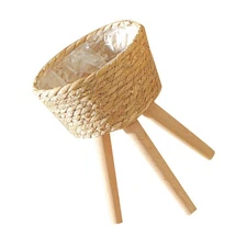 Indoor Plant Rack Wooden Plant Stand Woven Plant Basket Flower Pot Shelf Holder