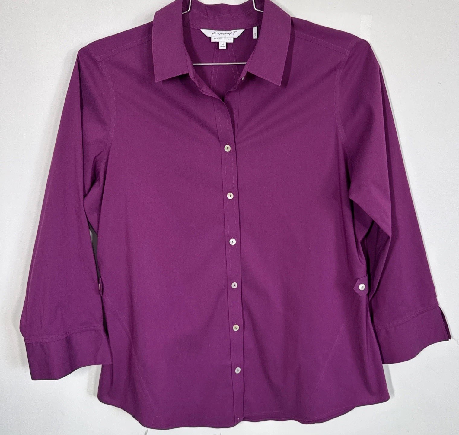 Foxcroft Non Iron Stretch Shaped Long Sleeve Button Up Blouse Shirt Sz 14 Purple