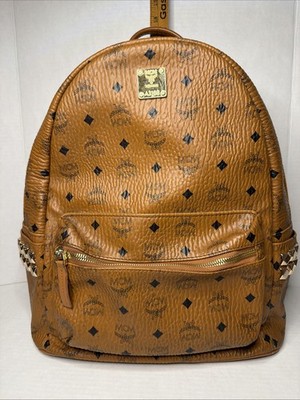 MCM Medium STARK Printed Backpack Brown Cognac Canvas Leather Unisex Pre-Owned