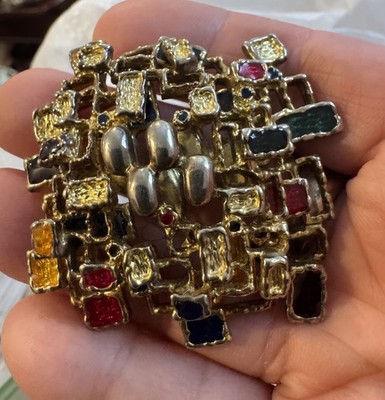 Vtg Brutalist Modernist Gold Tone Enamel Brooch Pin For Repair