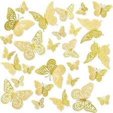 Butterfly Decorations, 3D Gold Butterflies Wall Decor Cake 24 PCS, 3