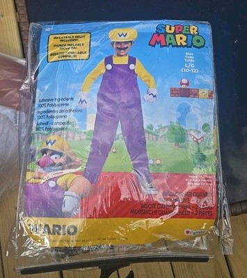 Super Mario Wario Kids Costume L 10/12 Inflatable Belly Hat Gloves Nintendo