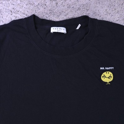 Sandro Mr Happy T-Shirt Mens Medium Paris Short Sleeve Black Crew Neck Logo