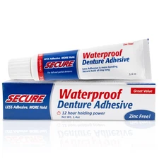Secure Waterproof Denture Adhesive - Zinc Free - Extra Strong Hold For Upper ...