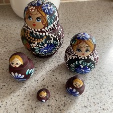 Hand Painted Vintage Russian Stacking Dolls  set of 5 floral brown  
