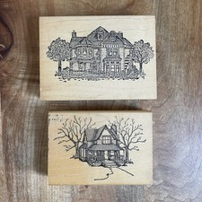 Two Vintage 1995 Hampton Art Stamps 5" House Home Wood Victorian DIY Crafts