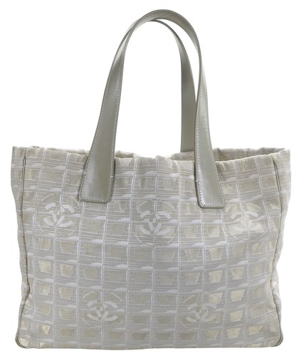 Authentic CHANEL Gray Nylon Leather Travel Line Shoulder Tote Bag France