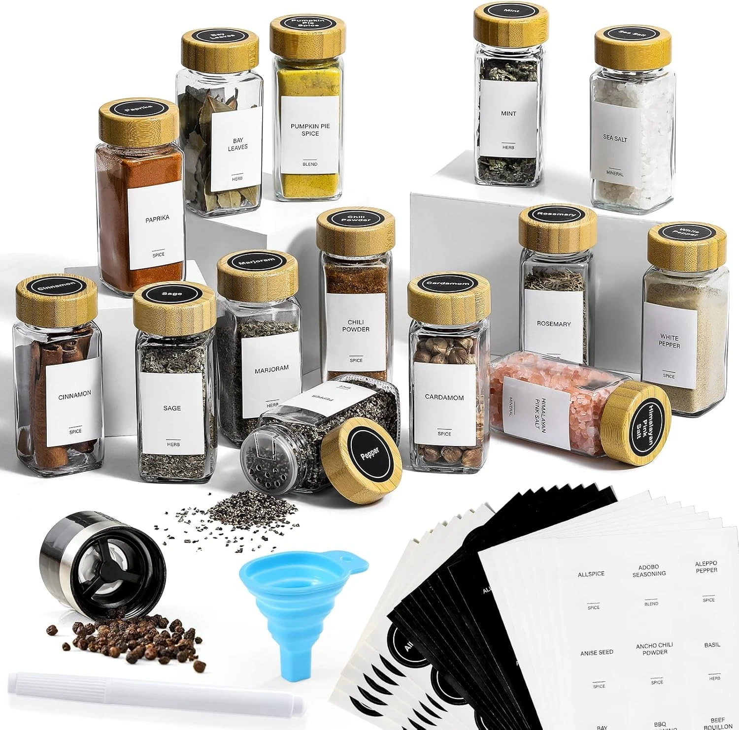 14 Pcs Spice Jars with Bamboo Lids 4 Oz Square Spice Bottles with Spice Labels