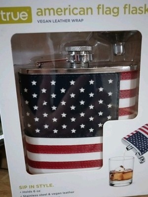 American Flag Flask with Vegan Leather Wrap 6.oz Secure Twist & Lift Cap by True