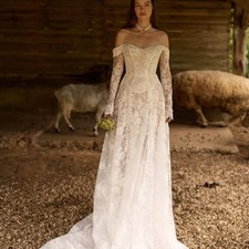 Romantic Vintage Satin Long Wedding Dress For Woman Bride Off Shoulder Lace Bow