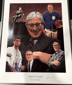 JOHN WOODEN KAREEM ABDUL-JABBAR Signed L/E 22x28 Lithograph 
