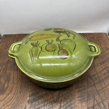 Vtg Los Angeles Potteries Casserole Dish 12” Veggies Green Lidded MCM 1970s