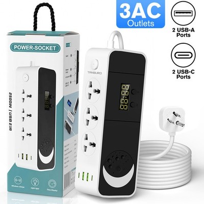 3 Outlet Surge Protector with Digital Clock Night Light 2 USB-C 2 Type C