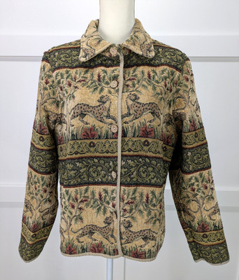 Tally-Ho Tapestry Jacket Women s XL Button Front Cheetah Leopard Animal Print