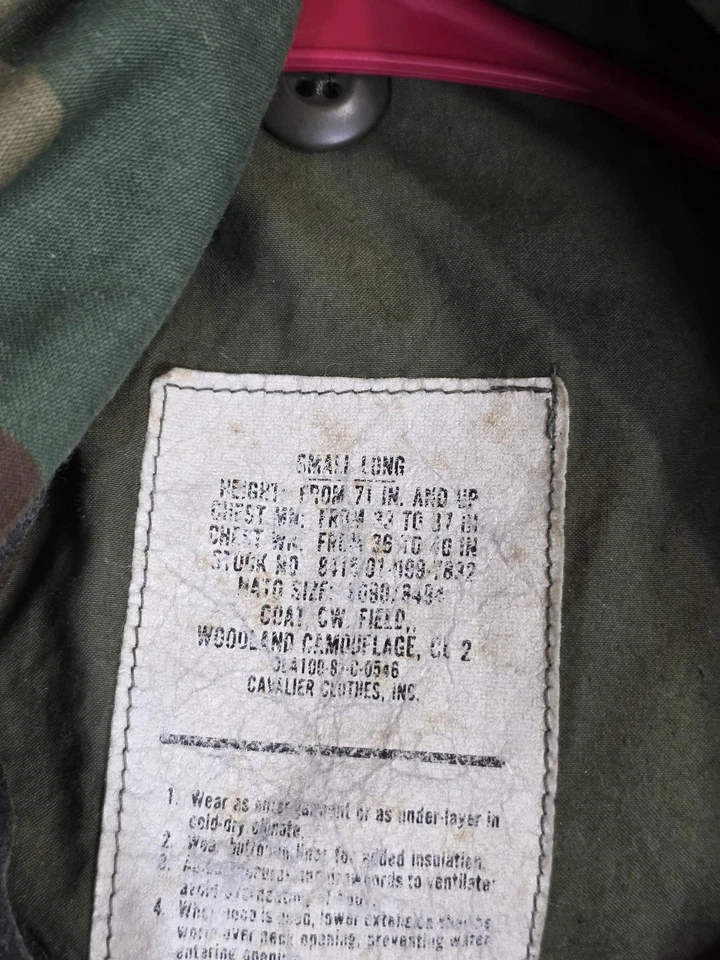 Chaqueta de Campo M-65 De Colección Para Hombre Pequeña Larga Bosque Camuflada USGI Cavalier Años 80 Foto 4 de 4