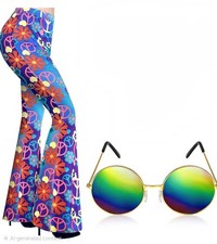 Groovy 60's Flower Power Hippie Bell Bottom Pants And Glass Adult Costume XL