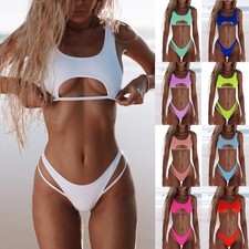 Women's Solid Color Split Bikini Swimsuit Hollow Snake Fabric Swimwear