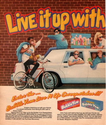 1987 BUBBLE YUM GUM PRINT AD, 2 PG, LIVE IT UP SWEEPSTAKES OFFER PRINT AD