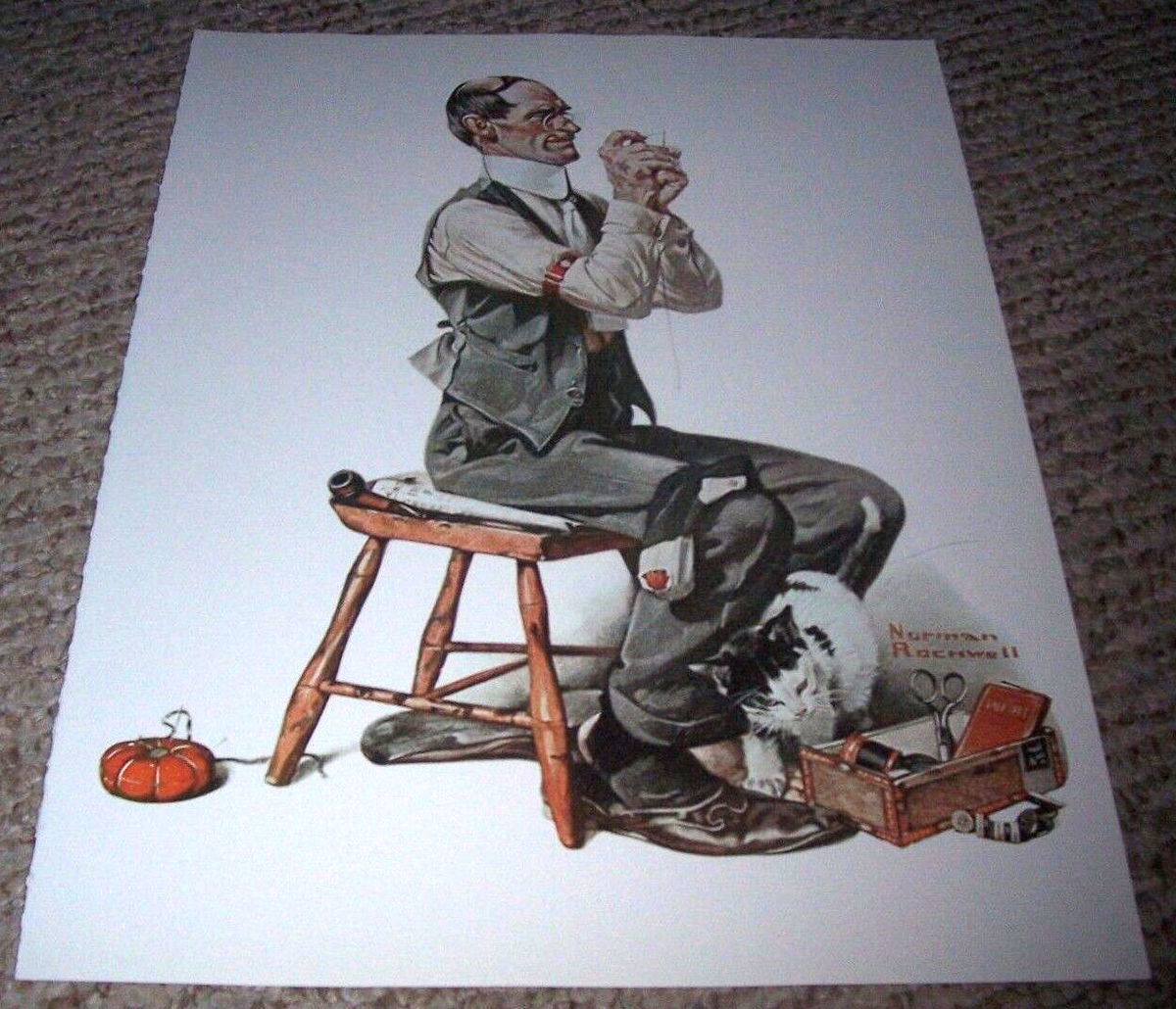 MAN THREADING NEEDLE Bachelor's Housekeeping Darning Sock Norman Rockwell  15x11