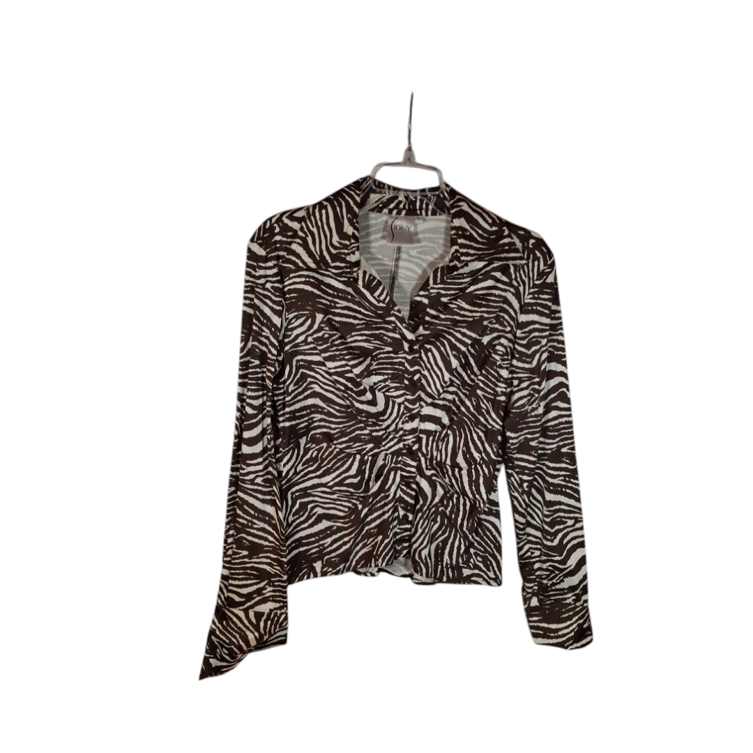 Finley Brown White Zebra Print Button Blouse Top Size Large ISIS LS Made in USA