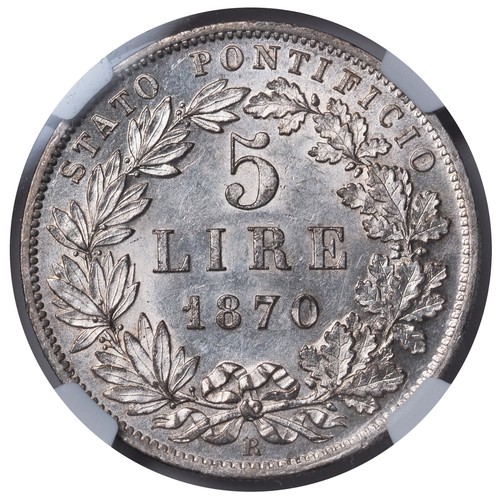 1870, Vatican, Pope Pius IX. Large Silver 5 Lire (Scudo Romano) Coin. NGC AU+ - Picture 2 of 3