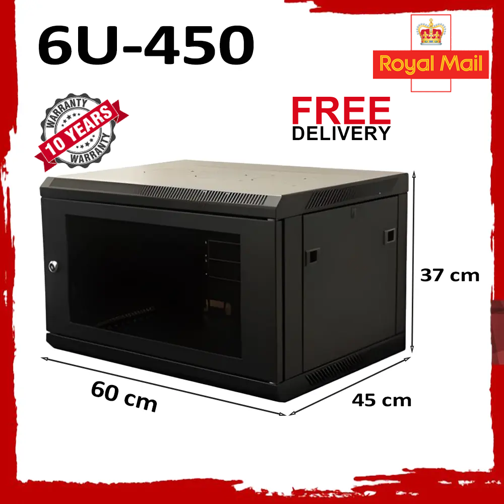 6U 19"" Black Network Cabinet Data Comms Wall Rack, Patch Panel, Switch, PDU LAN.