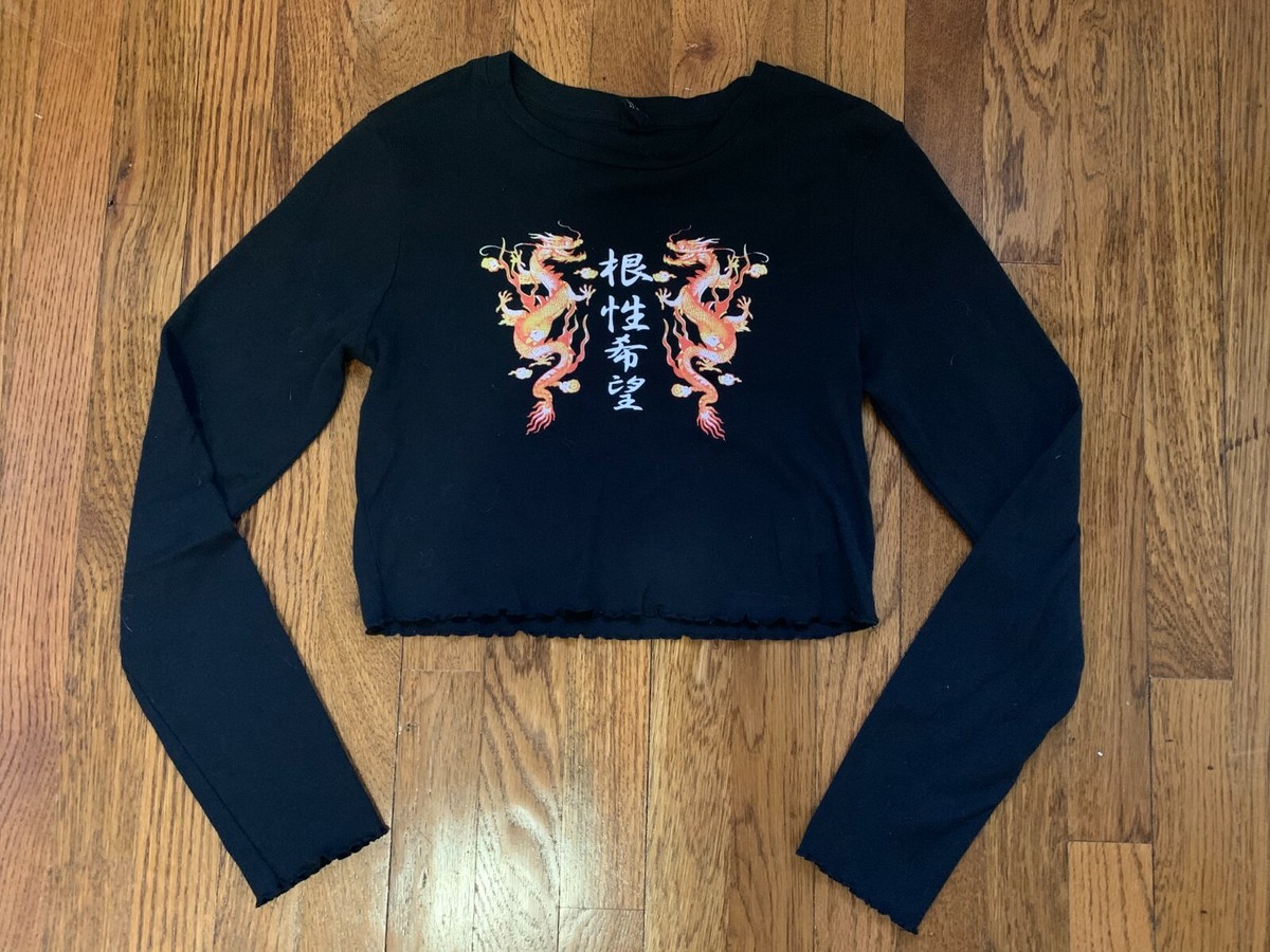 Urban Outfitters Dragon Print Lettuce Edge Cropped Black Tee 