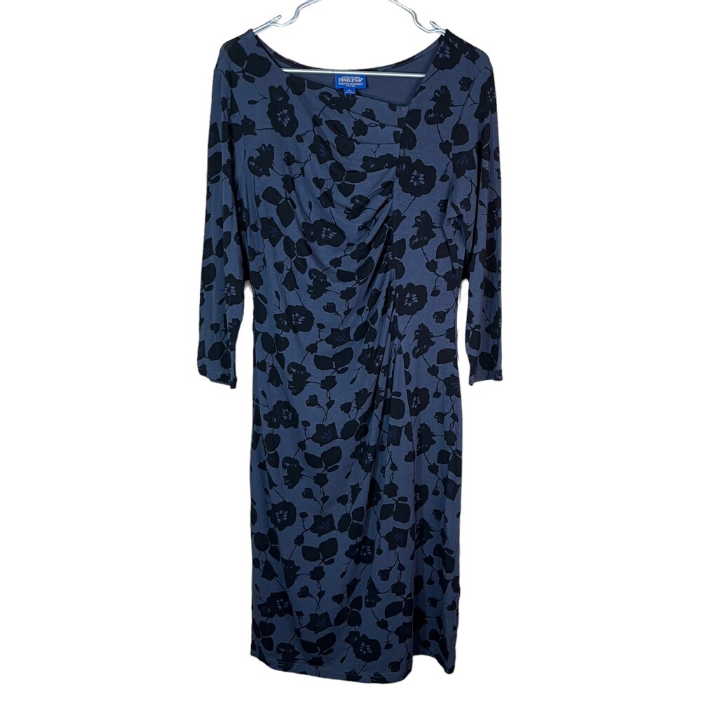 Pendleton Ruched Front Blue Black Flower Print Dr… - image 1